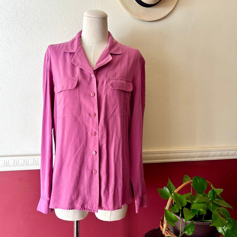 Vintage Anna & Frank Dusty Fuschia 100% Silk Blouse M 90s Utility Quiet Luxury